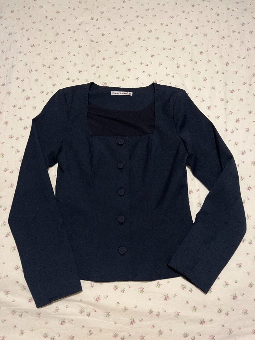 Abercrombie & Fitch Square Neck Button Down Top Navy Blue Long Sleeve Size XS